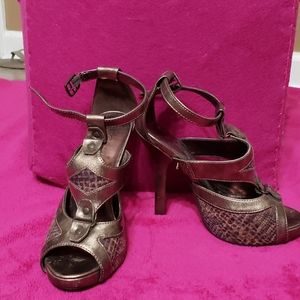 Bronze and purple heel sandals